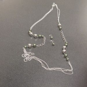 Long silver and green necklace with earrings